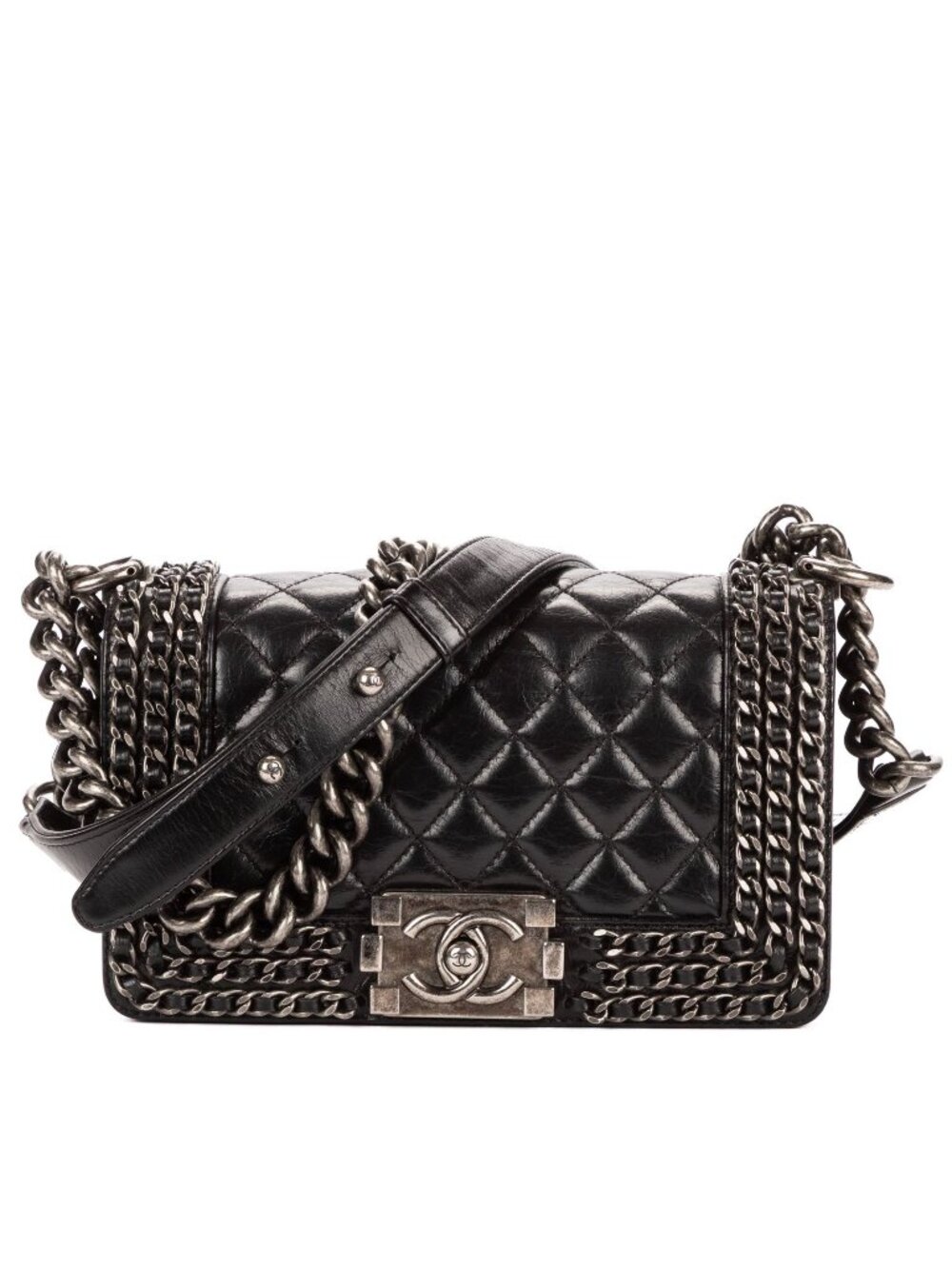 Chanel Chained Boy Flap Bag Black Quilted Gray Sudo Calfskin